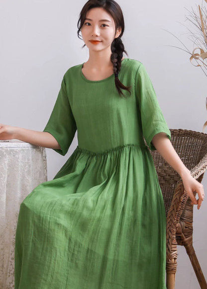 Simple Green O Neck Wrinkled Patchwork Linen Dress Summer LY2496 - fabuloryshop