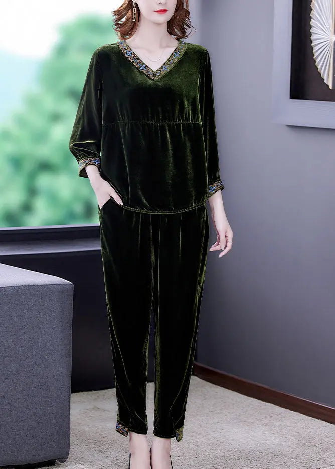 Simple Green Patchwork Silk Velour Pullover And Harem Pants Two Piece Set Fall Ada Fashion