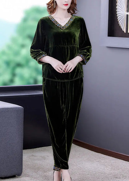 Simple Green Patchwork Silk Velour Pullover And Harem Pants Two Piece Set Fall Ada Fashion