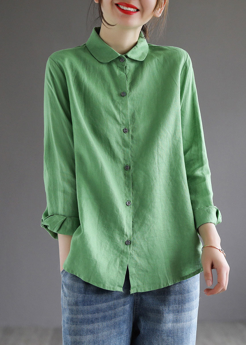 Simple Green Peter Pan Collar Button Patchwork Cotton Blouse Tops Spring LY6246 - fabuloryshop