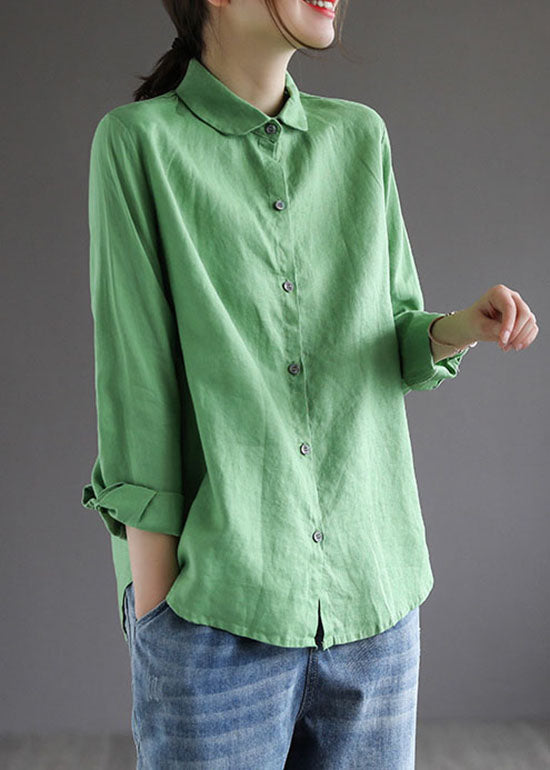 Simple Green Peter Pan Collar Button Patchwork Cotton Blouse Tops Spring LY6246 - fabuloryshop