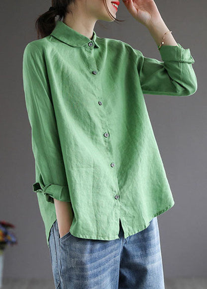 Simple Green Peter Pan Collar Button Patchwork Cotton Blouse Tops Spring LY6246 - fabuloryshop