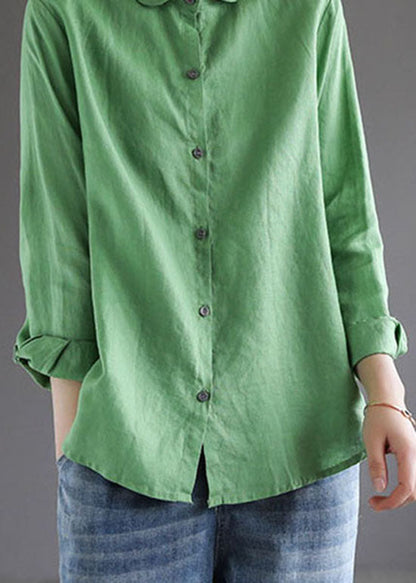 Simple Green Peter Pan Collar Button Patchwork Cotton Blouse Tops Spring LY6246 - fabuloryshop