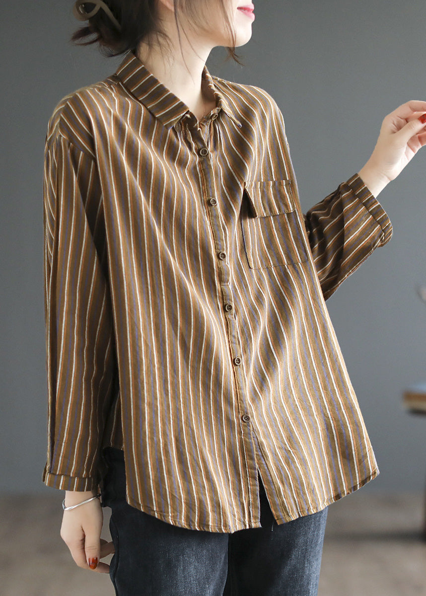 Simple Green Peter Pan Collar Striped Button Cotton Shirt Long Sleeve LY5015 - fabuloryshop