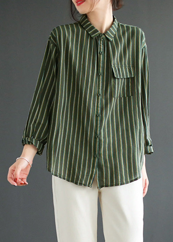 Simple Green Peter Pan Collar Striped Button Cotton Shirt Long Sleeve LY5015 - fabuloryshop