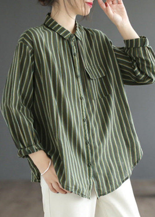 Simple Green Peter Pan Collar Striped Button Cotton Shirt Long Sleeve LY5015 - fabuloryshop