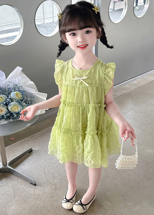 Simple Green Ruffled Patchwork Kids Long Dress Sleeveless Ada Fashion