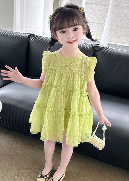 Simple Green Ruffled Patchwork Kids Long Dress Sleeveless Ada Fashion