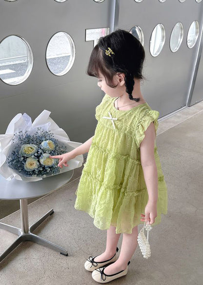 Simple Green Ruffled Patchwork Kids Long Dress Sleeveless Ada Fashion