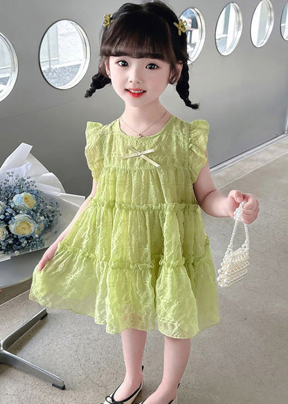 Simple Green Ruffled Patchwork Kids Long Dress Sleeveless Ada Fashion