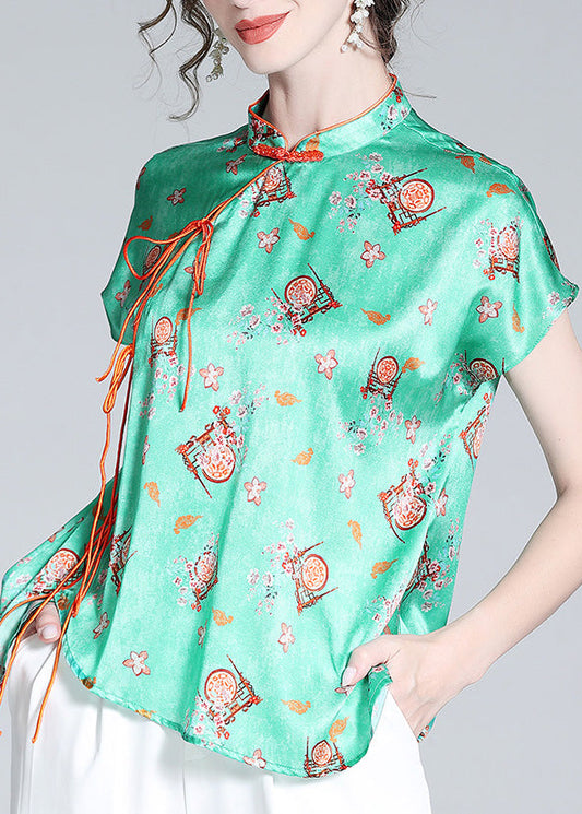 Simple Green Stand Collar Asymmetrical Print Button Silk Top Short Sleeve LY0952 - fabuloryshop