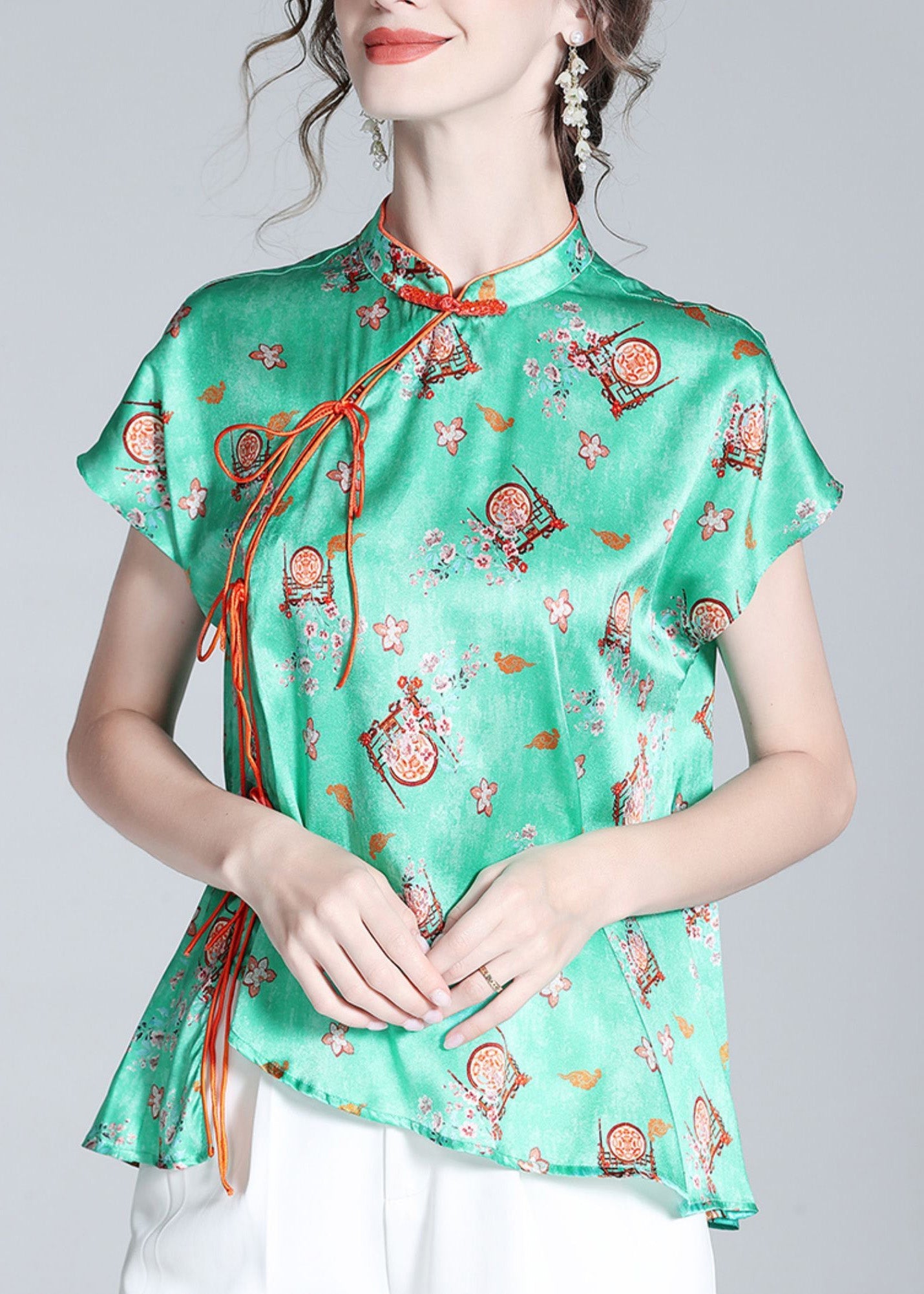 Simple Green Stand Collar Asymmetrical Print Button Silk Top Short Sleeve LY0952 - fabuloryshop