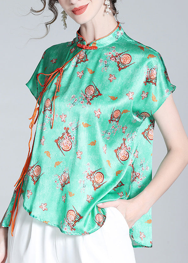 Simple Green Stand Collar Asymmetrical Print Button Silk Top Short Sleeve LY0952 - fabuloryshop