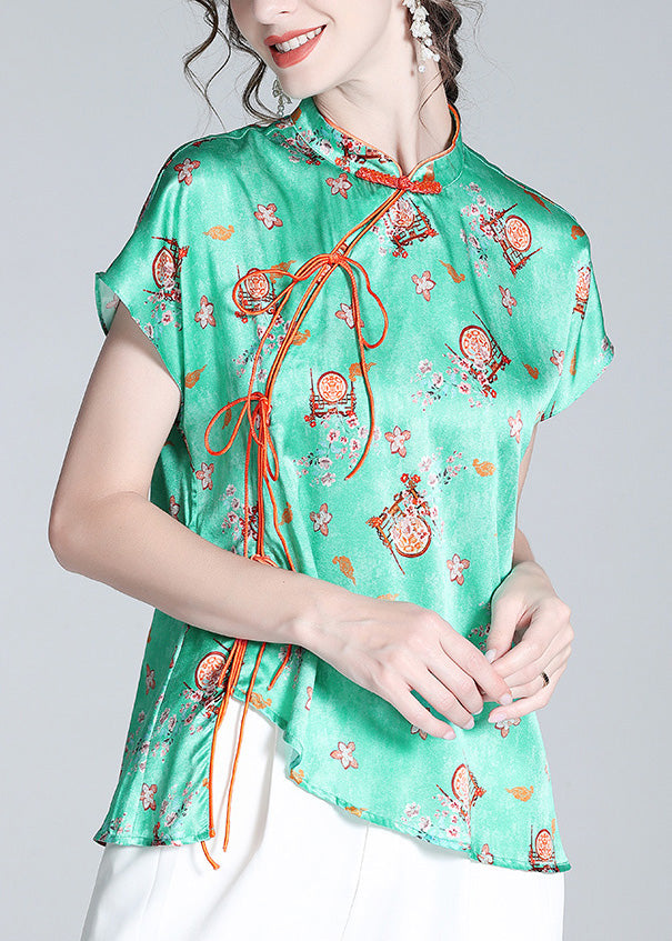 Simple Green Stand Collar Asymmetrical Print Button Silk Top Short Sleeve LY0952 - fabuloryshop