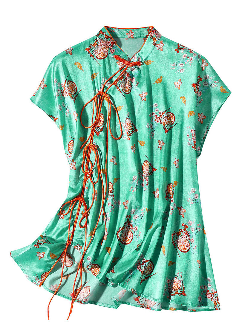 Simple Green Stand Collar Asymmetrical Print Button Silk Top Short Sleeve LY0952 - fabuloryshop