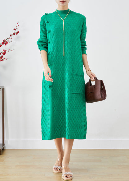 Simple Green Stand Collar Chinese Button Knitwear Dress Fall Ada Fashion