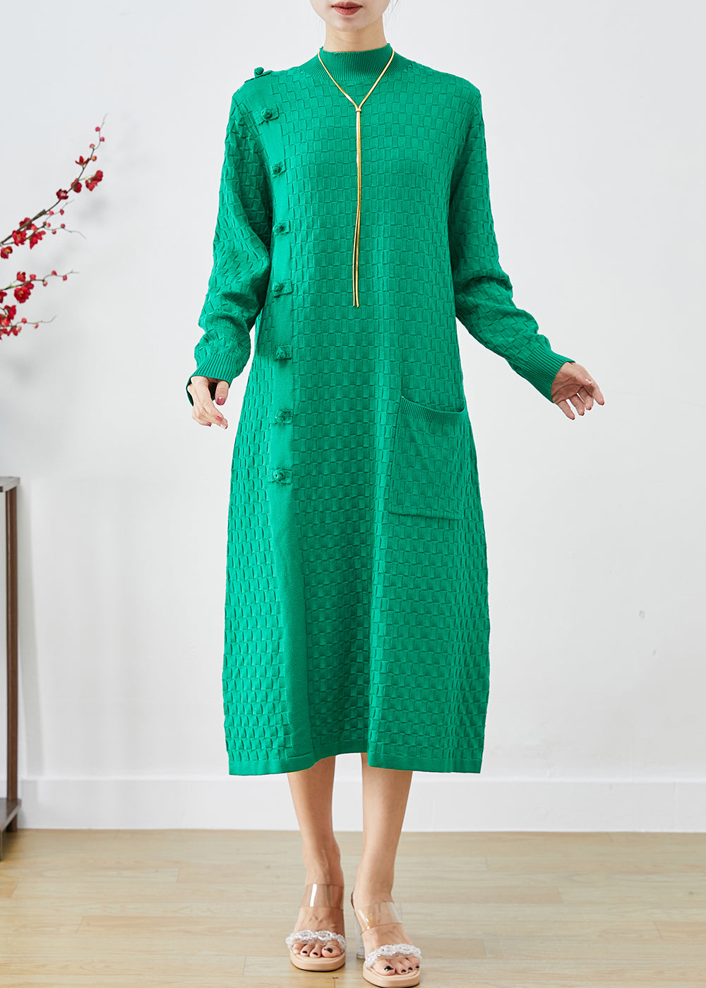 Simple Green Stand Collar Chinese Button Knitwear Dress Fall Ada Fashion