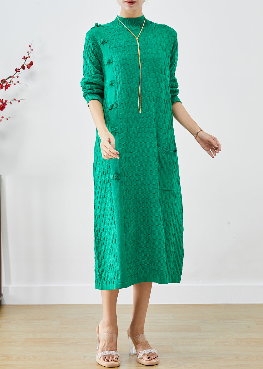 Simple Green Stand Collar Chinese Button Knitwear Dress Fall Ada Fashion