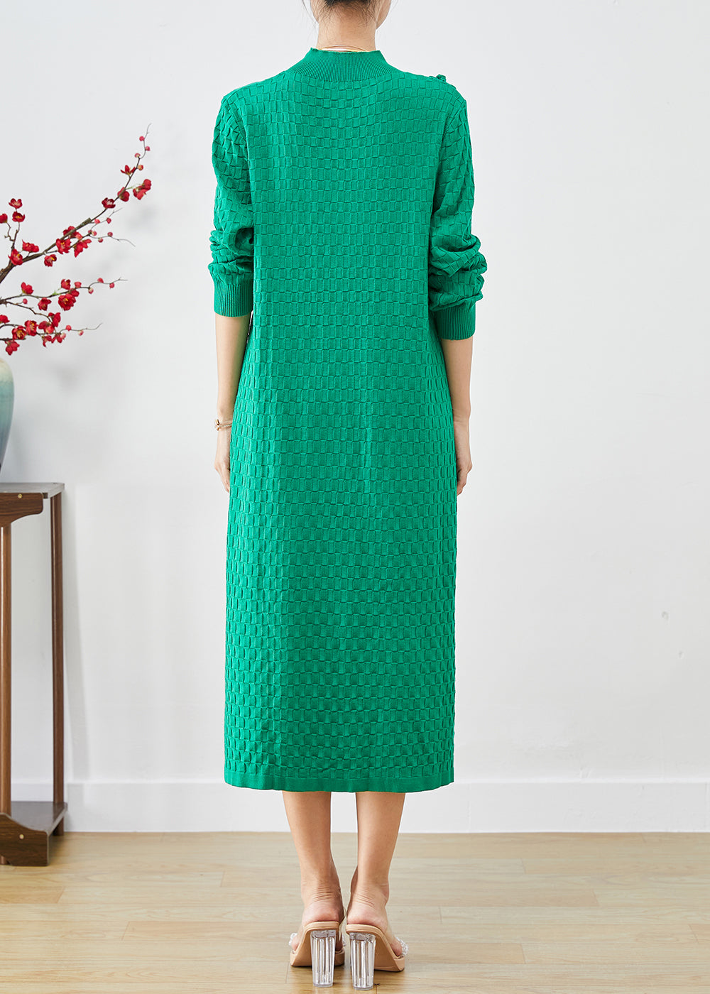 Simple Green Stand Collar Chinese Button Knitwear Dress Fall Ada Fashion