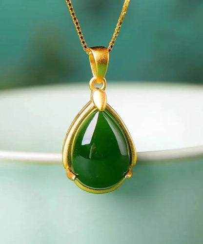 Simple Green Sterling Silver Overgild Jade Water Droplet Pendant Necklace Ada Fashion