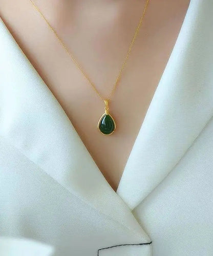 Simple Green Sterling Silver Overgild Jade Water Droplet Pendant Necklace Ada Fashion