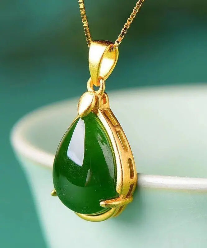 Simple Green Sterling Silver Overgild Jade Water Droplet Pendant Necklace Ada Fashion