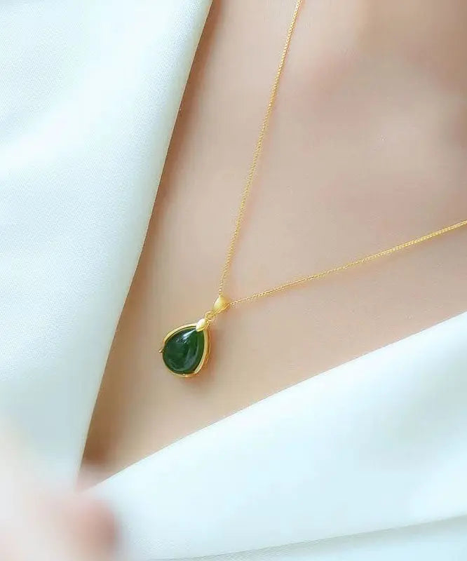 Simple Green Sterling Silver Overgild Jade Water Droplet Pendant Necklace Ada Fashion