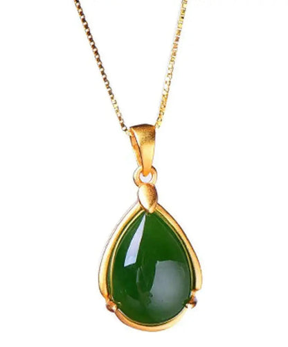 Simple Green Sterling Silver Overgild Jade Water Droplet Pendant Necklace Ada Fashion