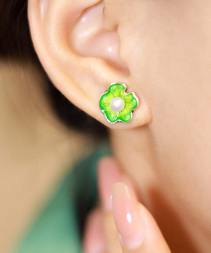 Simple Green Sterling Silver Pearl Lotus Stud Earrings LY2217 - fabuloryshop