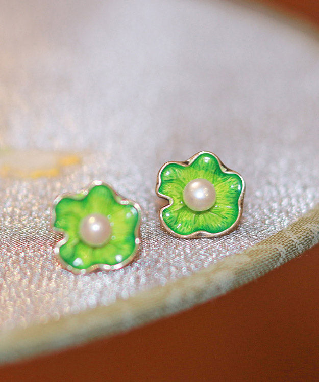 Simple Green Sterling Silver Pearl Lotus Stud Earrings LY2217 - fabuloryshop