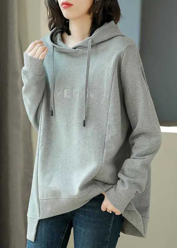 Simple Grey Asymmetrical Graphic Print Drawstring Cotton Sweatshirt Long Sleeve Ada Fashion