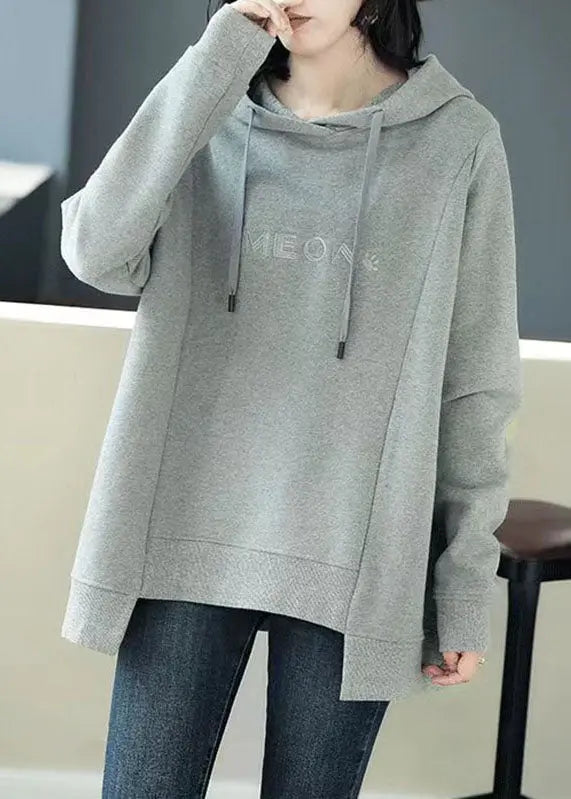 Simple Grey Asymmetrical Graphic Print Drawstring Cotton Sweatshirt Long Sleeve Ada Fashion