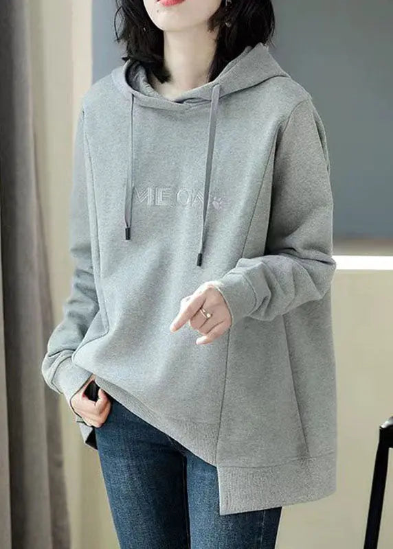 Simple Grey Asymmetrical Graphic Print Drawstring Cotton Sweatshirt Long Sleeve Ada Fashion