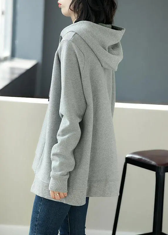 Simple Grey Asymmetrical Graphic Print Drawstring Cotton Sweatshirt Long Sleeve Ada Fashion