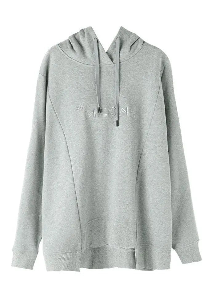 Simple Grey Asymmetrical Graphic Print Drawstring Cotton Sweatshirt Long Sleeve Ada Fashion