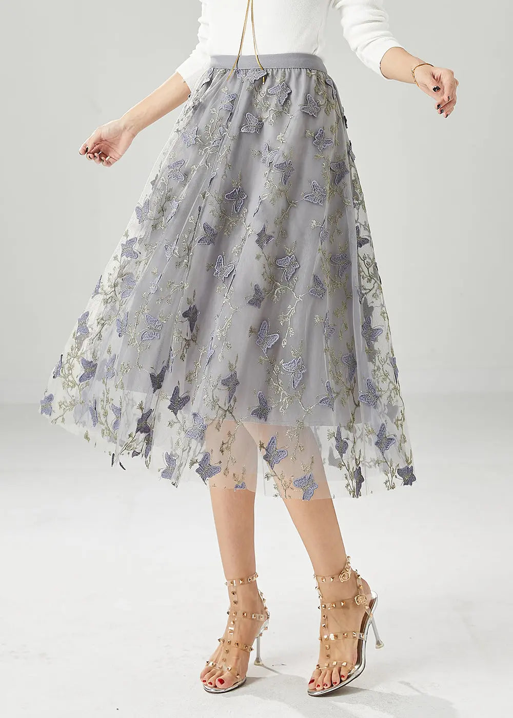 Simple Grey Embroideried Butterfly Tulle Skirt Fall Ada Fashion