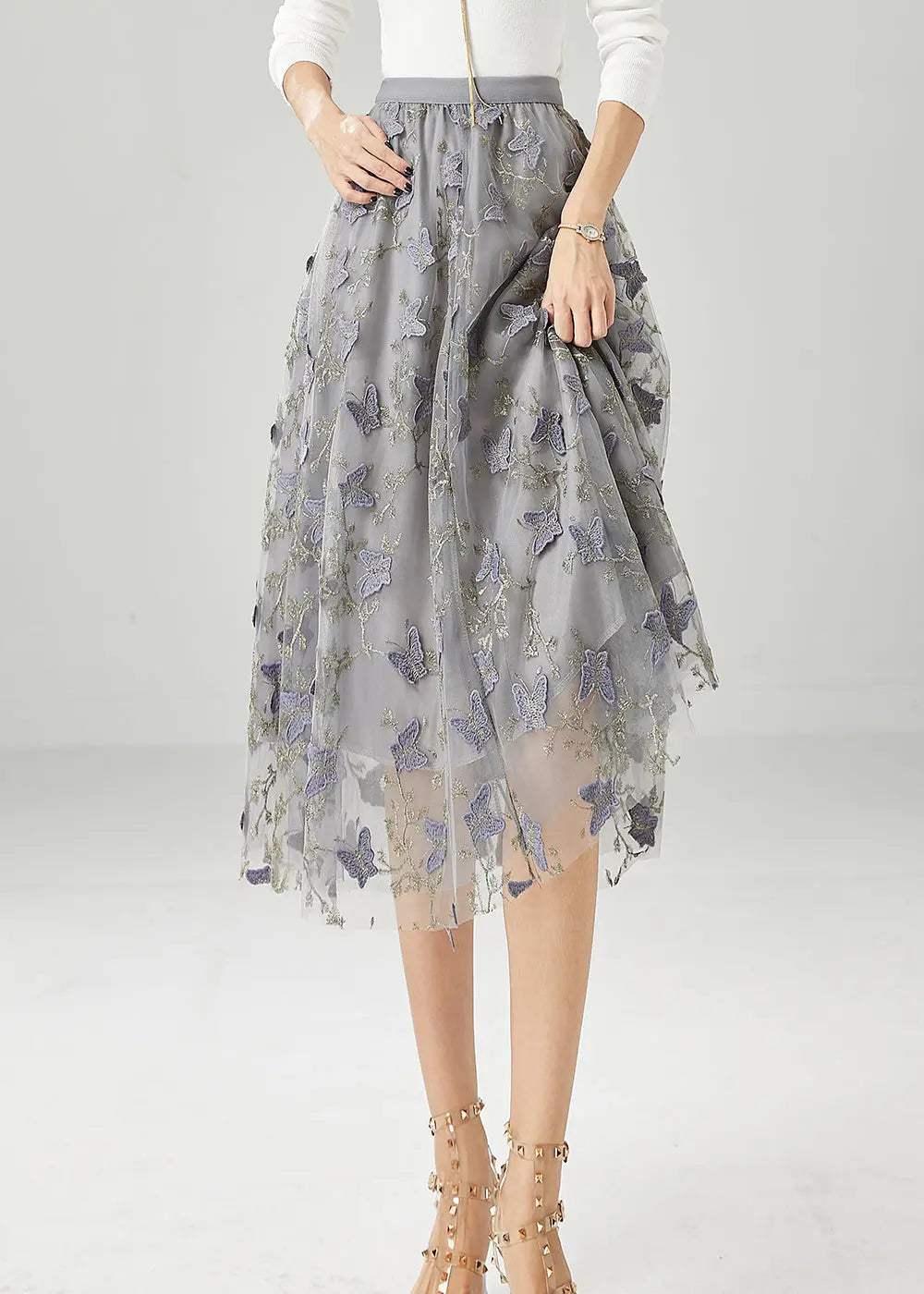 Simple Grey Embroideried Butterfly Tulle Skirt Fall Ada Fashion