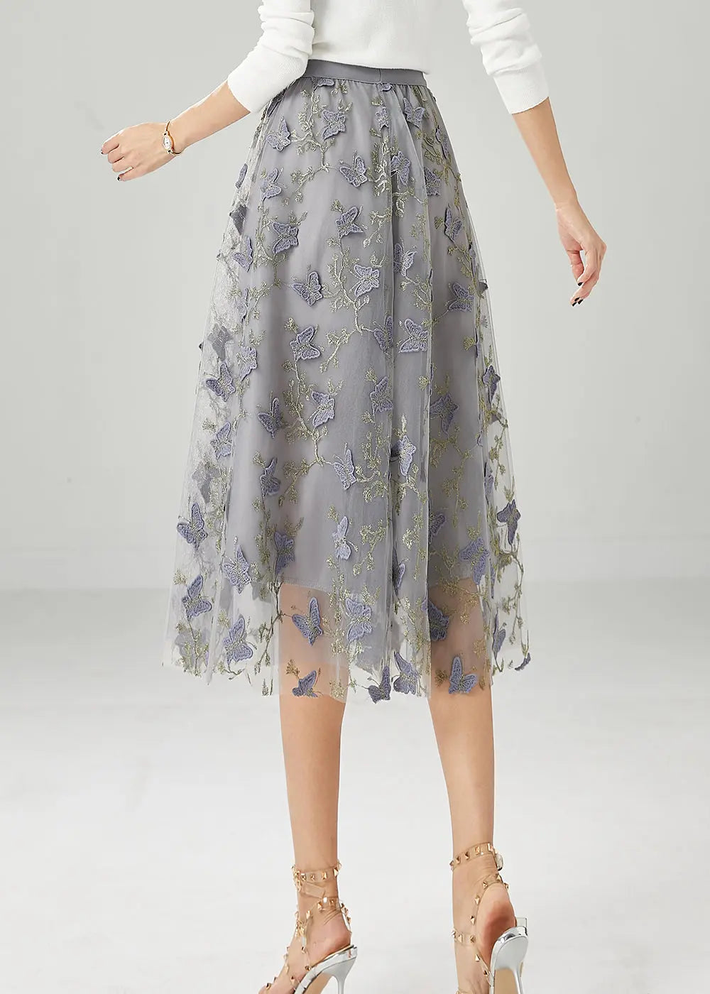 Simple Grey Embroideried Butterfly Tulle Skirt Fall Ada Fashion