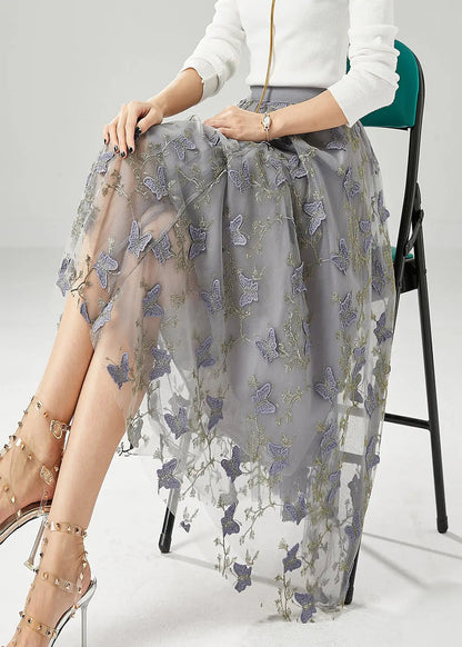 Simple Grey Embroideried Butterfly Tulle Skirt Fall Ada Fashion