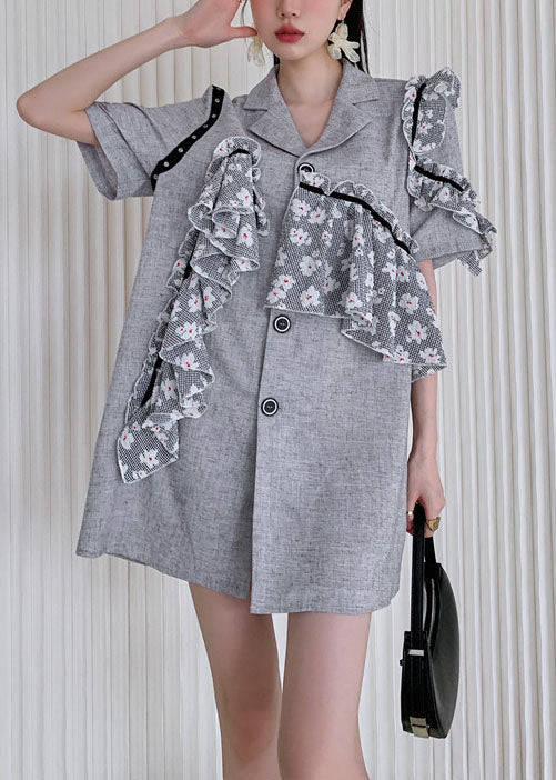 Simple Grey Notched Ruffled Patchwork Cotton Day Dress Summer LY0776 - fabuloryshop