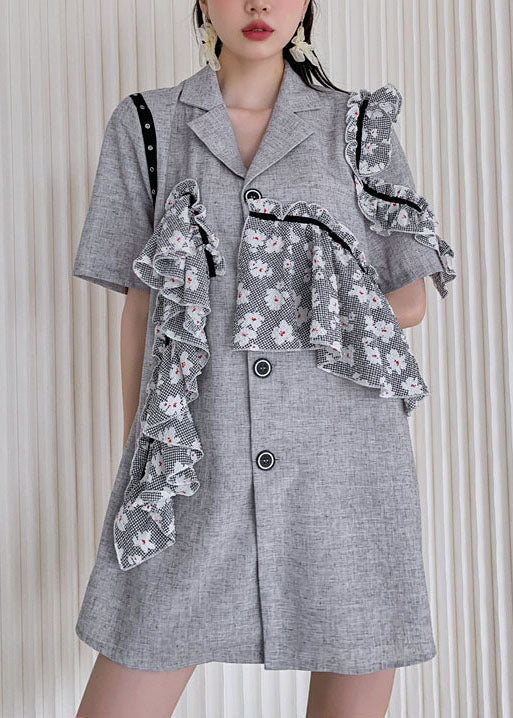 Simple Grey Notched Ruffled Patchwork Cotton Day Dress Summer LY0776 - fabuloryshop