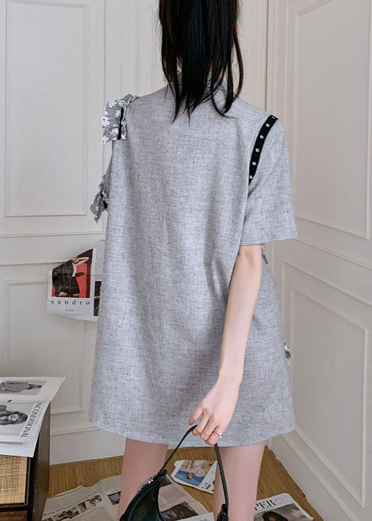 Simple Grey Notched Ruffled Patchwork Cotton Day Dress Summer LY0776 - fabuloryshop