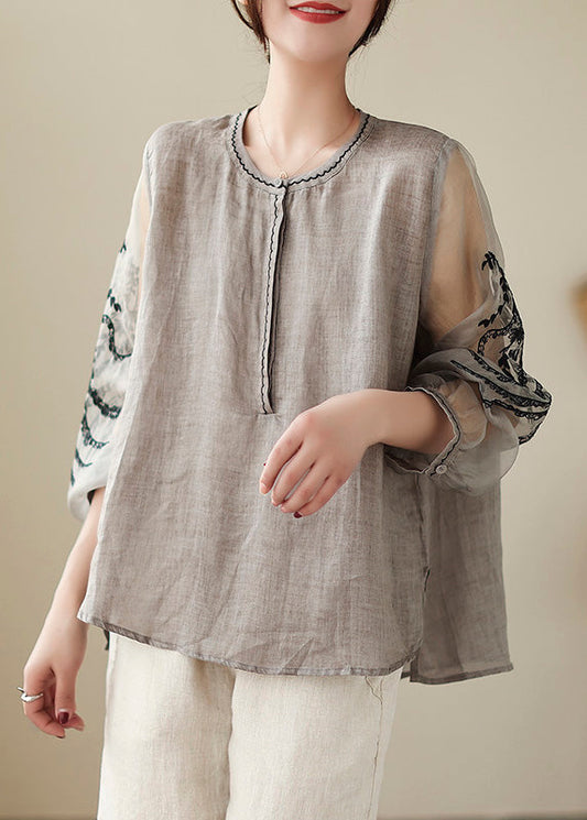 Simple Grey O-Neck Embroideried Linen Top Spring LY0665 - fabuloryshop