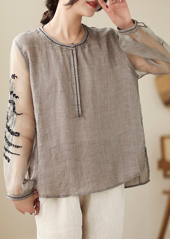 Simple Grey O-Neck Embroideried Linen Top Spring LY0665