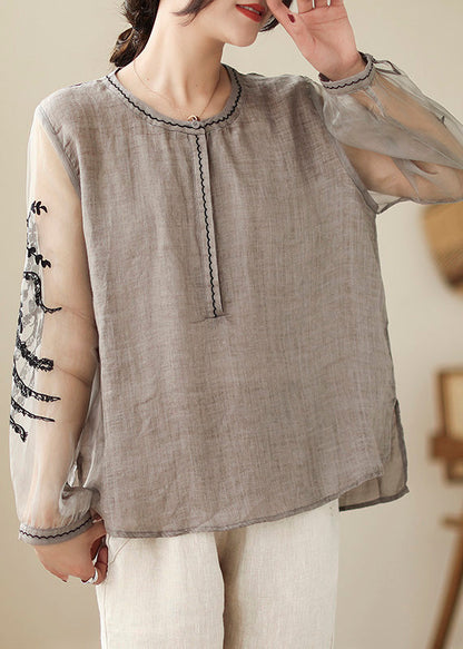 Simple Grey O-Neck Embroideried Linen Top Spring LY0665 - fabuloryshop