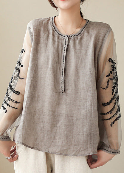 Simple Grey O-Neck Embroideried Linen Top Spring LY0665 - fabuloryshop