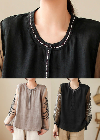 Simple Grey O-Neck Embroideried Linen Top Spring LY0665 - fabuloryshop