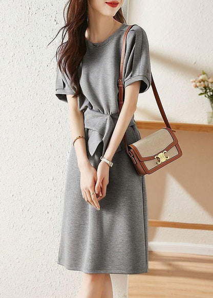 Simple Grey O Neck Patchwork T Shirt And Skirtss Cotton Two Pieces Set Fall LY9614