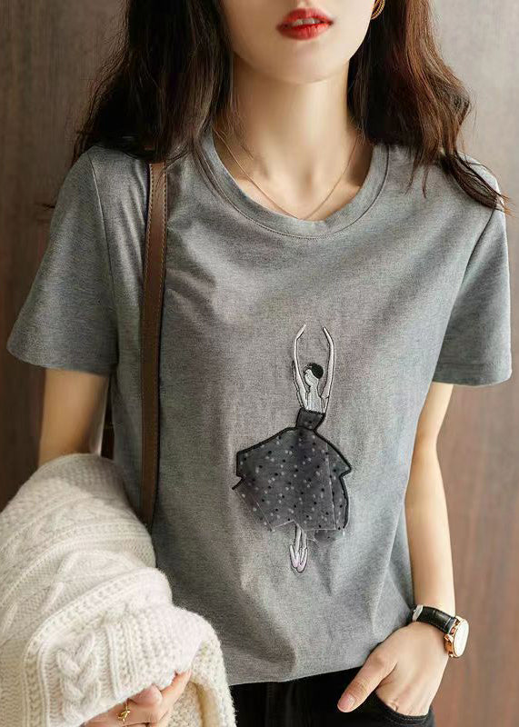 Simple Grey O Neck Print Patchwork Cotton Top Short Sleeve Ada Fashion