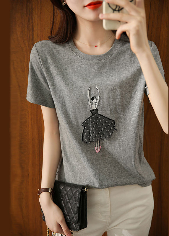 Simple Grey O Neck Print Patchwork Cotton Top Short Sleeve Ada Fashion